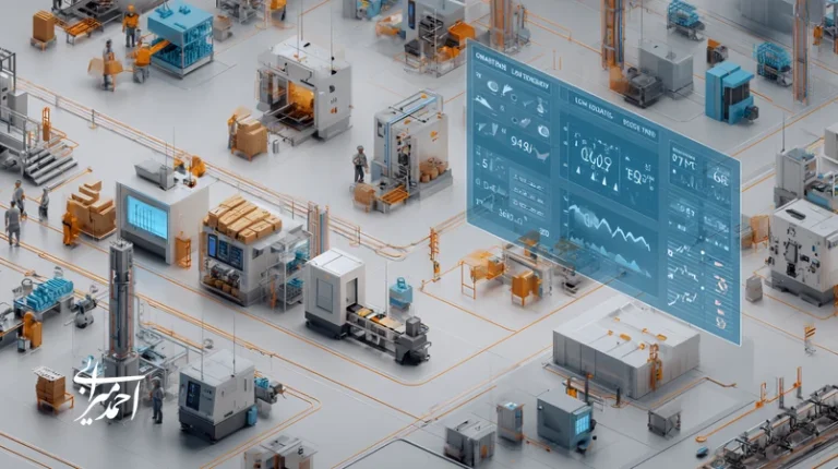 تصویر کارخانه ایرانی با داشبورد OEE، سنسورها و داده‌های عملیاتی؛ نمایش تحول دیجیتال تولید با معماری سبک و اثر بر برند