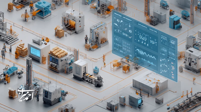 تصویر کارخانه ایرانی با داشبورد OEE، سنسورها و داده‌های عملیاتی؛ نمایش تحول دیجیتال تولید با معماری سبک و اثر بر برند