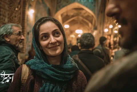 تصویر تبلیغات احساسی در گردشگری ایران با روایت مقصد؛ مسافران در نور عصرگاهی، معماری ایرانی، بازار محلی و تعامل صمیمی برای برندسازی مقصد