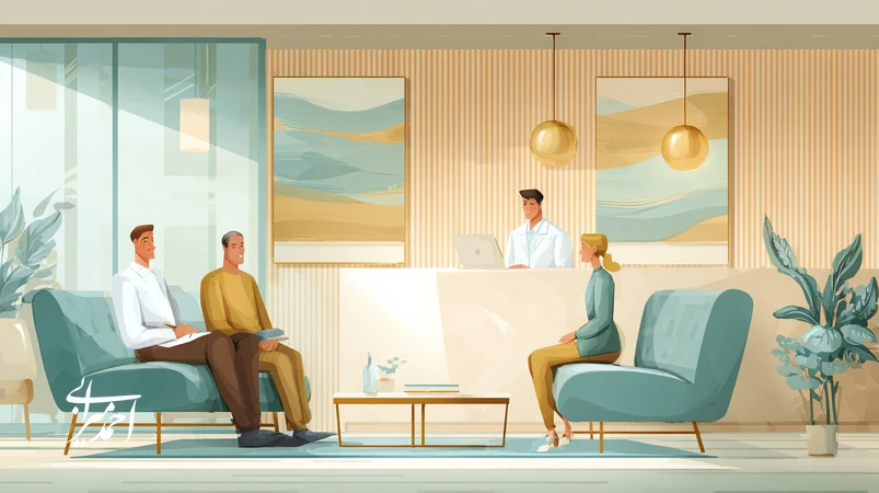 رهبری همدلانه در کلینیک سلامت؛ مدیر در حال گوشدادن فعال و توضیح شفاف با داشبورد NPS و زمان انتظار برای تقویت حس امنیت مراجع