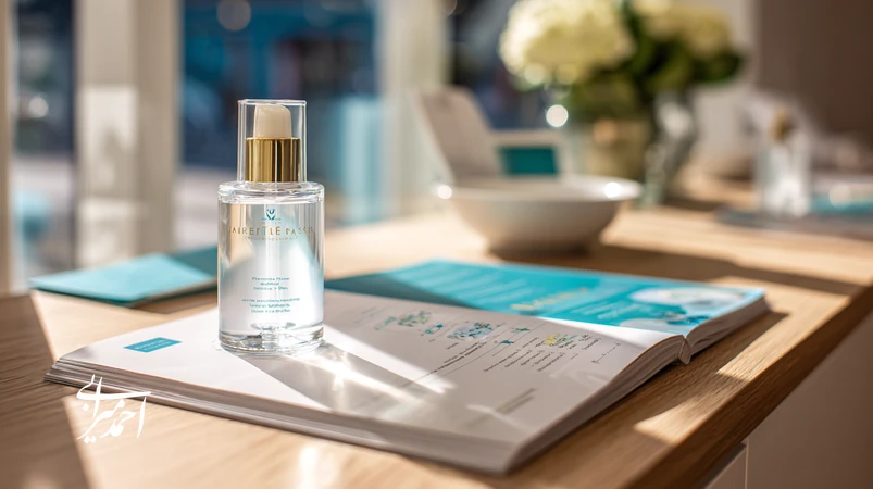 تصویر مفهومی بازاریابی اخلاقی در حوزه زیبایی با نماد ترازوی اعتماد در برابر اغراق، کلینیک مینیمال و شیشه ماده مؤثره برای تأکید بر شفافیت برند