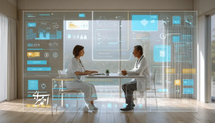 پزشکان در یک فضای درمانی پیشرفته در حال بررسی داده‌های سلامت روی پنل‌های دیجیتال شفاف؛ تصویری از شفافیت، اعتماد، و استفاده اخلاقی از فناوری در برندینگ صنعت سلامت