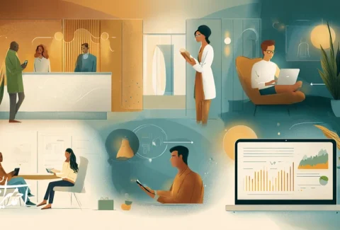 تصویر مفهومی از اقتصاد تجربه در سرمایه‌گذاری خدماتی: هتل با چک‌این موبایلی، کلینیک همدل، کلاس آنلاین و داشبورد فین‌تک با تاکید بر NPS و Unit Economics.