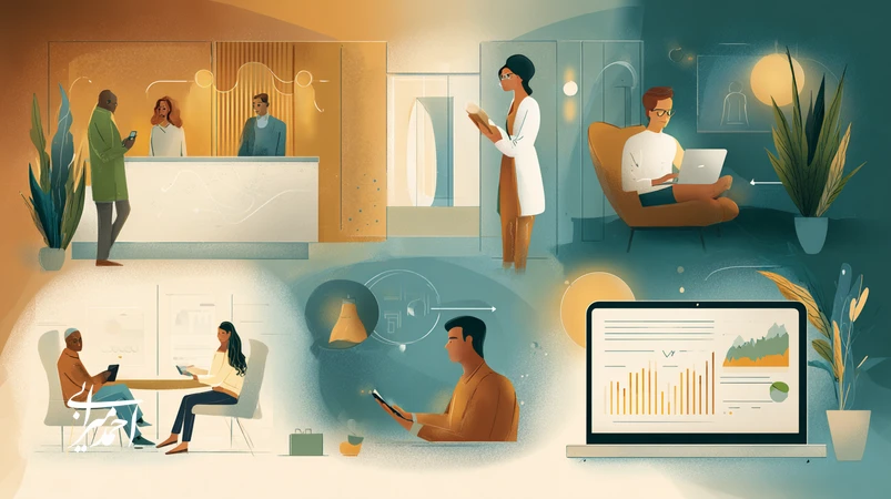 تصویر مفهومی از اقتصاد تجربه در سرمایه‌گذاری خدماتی: هتل با چک‌این موبایلی، کلینیک همدل، کلاس آنلاین و داشبورد فین‌تک با تاکید بر NPS و Unit Economics.