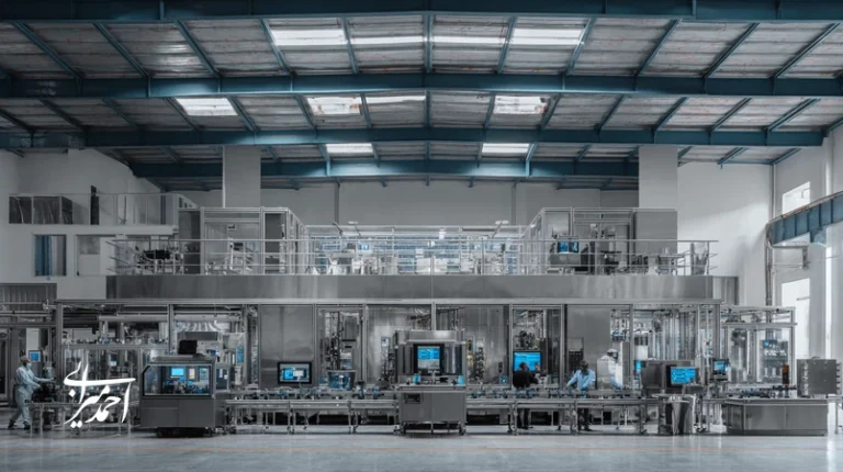 تصویر مفهومی از تبدیل کارخانه تولیدی به برند صنعتی با خطوط تولید مدرن، داشبوردهای داده و بسته‌بندی حرفه‌ای برای برندسازی B2B