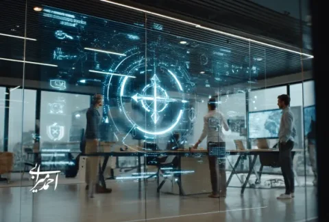 نمایی از یک اتاق جلسه مدرن که در آن تیم مدیریتی در حال بررسی یک صفحه‌نمایش هولوگرافیک با نماد قطب‌نما و داده‌های استراتژیک است؛ نمادی از ذهنیت مؤسس، تمرکز بر رسالت، و تصمیم‌گیری چابک در سازمان‌های در حال رشد.