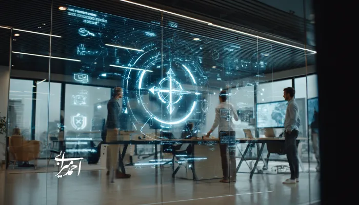 نمایی از یک اتاق جلسه مدرن که در آن تیم مدیریتی در حال بررسی یک صفحهنمایش هولوگرافیک با نماد قطبنما و دادههای استراتژیک است؛ نمادی از ذهنیت مؤسس، تمرکز بر رسالت، و تصمیمگیری چابک در سازمانهای در حال رشد.