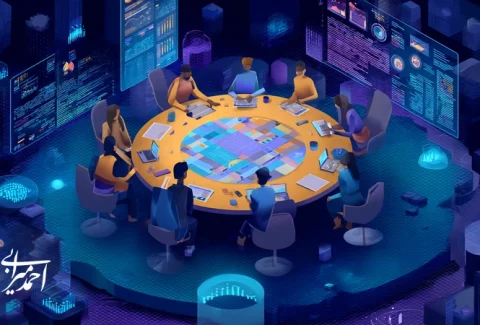 تصویر مفهومی رشد برندهای آینده‌نگر در ایران با هم‌افزایی داده، انسان و استراتژی محتوا؛ تیم در کنار داشبوردهای تحلیلی و نقشه سفر مشتری