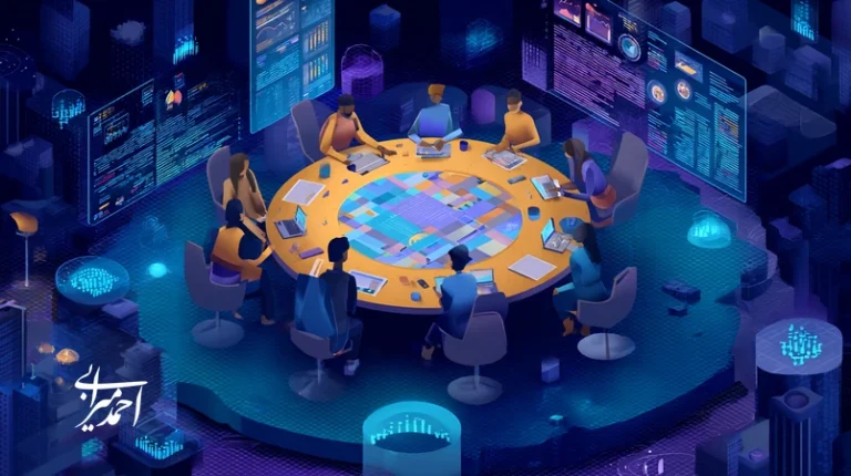 تصویر مفهومی رشد برندهای آینده‌نگر در ایران با هم‌افزایی داده، انسان و استراتژی محتوا؛ تیم در کنار داشبوردهای تحلیلی و نقشه سفر مشتری