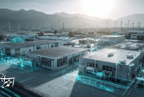 کارخانه تولیدی با نوآوری سبز و فناوری پایدار؛ پنل‌های خورشیدی، توربین بادی و داشبورد انرژی برای تمایز برند صنعتی