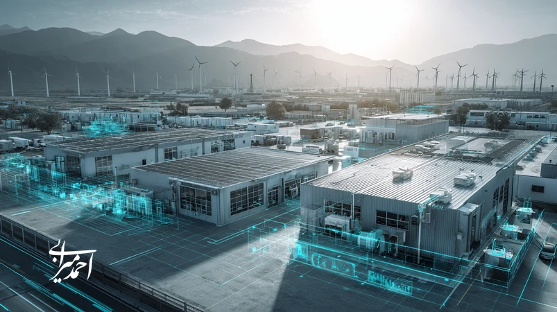 کارخانه تولیدی با نوآوری سبز و فناوری پایدار؛ پنل‌های خورشیدی، توربین بادی و داشبورد انرژی برای تمایز برند صنعتی