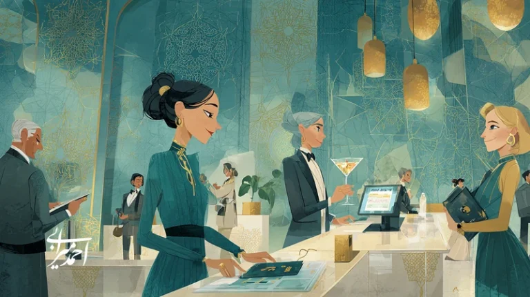 مدیر تجربه در صنعت مهمان‌نوازی در لابی هتل با داشبورد سفر مهمان، روایت‌پردازی و خوش‌آمدگویی امضایی؛ طراحی تجربه مهمان و برند.