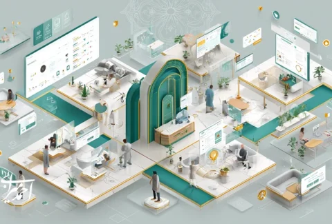 تصویر مفهومی رشد برندهای سلامت با محوریت تجربه مشتری و خدمات وفاداری، شامل نقشهٔ سفر بیمار، داشبورد داده و CRM با حس حرفه‌ای و قابل اعتماد