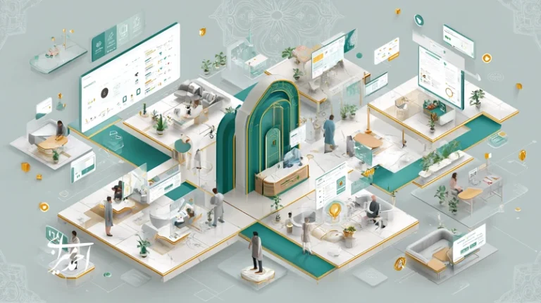 تصویر مفهومی رشد برندهای سلامت با محوریت تجربه مشتری و خدمات وفاداری، شامل نقشهٔ سفر بیمار، داشبورد داده و CRM با حس حرفه‌ای و قابل اعتماد