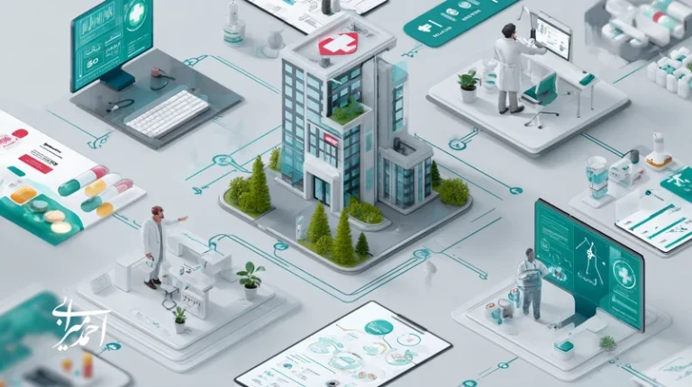 نقشه مدل‌های رشد در صنعت سلامت با تمرکز بر مدل رشد کلینیک، برند محصول پزشکی و برند شخصی پزشک؛ نمایش KPIهایی مانند CAC، LTV و ROI.