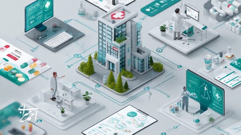 نقشه مدلهای رشد در صنعت سلامت با تمرکز بر مدل رشد کلینیک، برند محصول پزشکی و برند شخصی پزشک؛ نمایش KPIهایی مانند CAC، LTV و ROI.