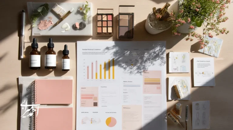 تصویر استراتژی محتوا آرایشی برای برند مستقل: مسیر داده‌محور از Insight تا فروش با محصولات زیبایی، نمودار KPI و بسته‌های محتوایی ماژولار