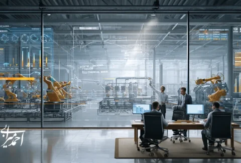 تصویر روایت برند صنعتی در بازاریابی B2B با تمرکز بر بهره‌وری، اعتماد و داده‌های OEE و TCO در اتاق جلسه کارخانه