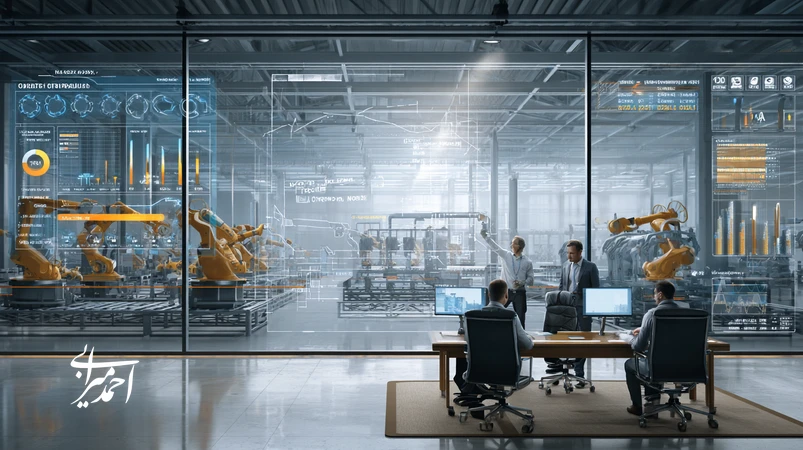 تصویر روایت برند صنعتی در بازاریابی B2B با تمرکز بر بهره‌وری، اعتماد و داده‌های OEE و TCO در اتاق جلسه کارخانه