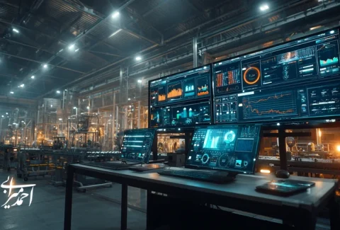 داشبورد تحلیل بازار و هوش رقابتی در یک کارخانه صنعتی مدرن؛ نمایش داده‌های فروش، رقبا و KPIها برای برندینگ صنعتی و رشد داده‌محور