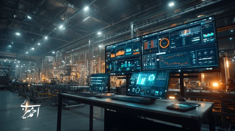 داشبورد تحلیل بازار و هوش رقابتی در یک کارخانه صنعتی مدرن؛ نمایش داده‌های فروش، رقبا و KPIها برای برندینگ صنعتی و رشد داده‌محور