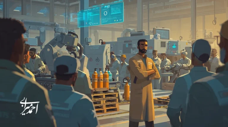 مدیر کارخانه ایرانی در کنار خط تولید با داشبورد شاخص‌های عملیاتی (OTIF، نرخ ضایعات، MTBF) و سرپرستان شیفت؛ تصویرسازی از تبدیل عملیات به برند صنعتی