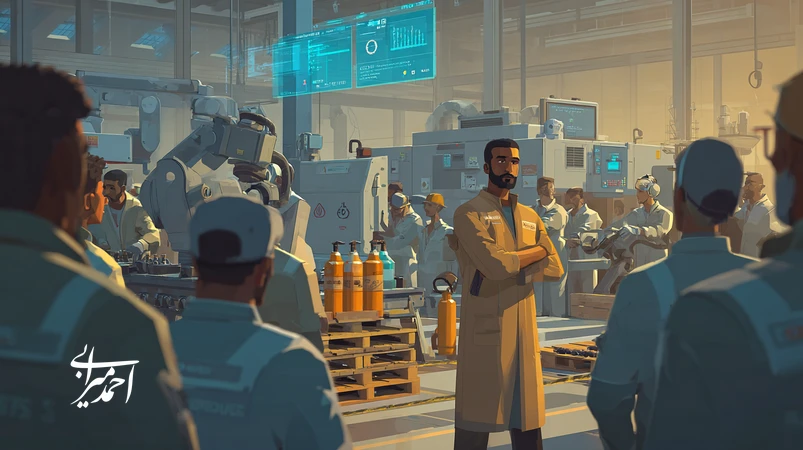 مدیر کارخانه ایرانی در کنار خط تولید با داشبورد شاخص‌های عملیاتی (OTIF، نرخ ضایعات، MTBF) و سرپرستان شیفت؛ تصویرسازی از تبدیل عملیات به برند صنعتی