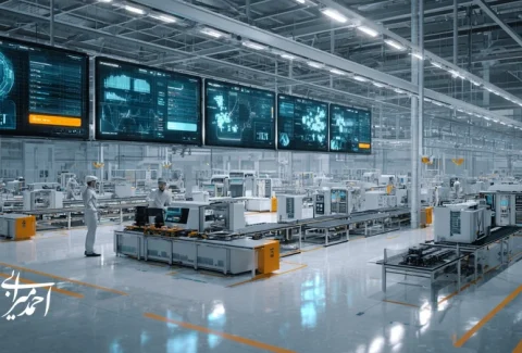 تصویر کارخانه مدرن با خطوط تولید، مهندسان در حال بازرسی کیفیت و داشبورد KPI؛ نمایش اعتمادسازی برند صنعتی با شفافیت تحویل و استانداردسازی