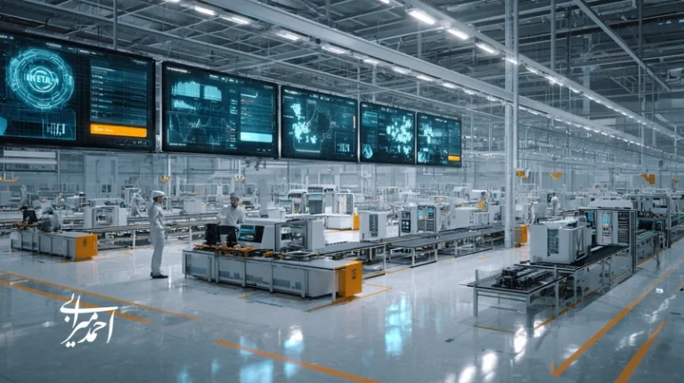 تصویر کارخانه مدرن با خطوط تولید، مهندسان در حال بازرسی کیفیت و داشبورد KPI؛ نمایش اعتمادسازی برند صنعتی با شفافیت تحویل و استانداردسازی