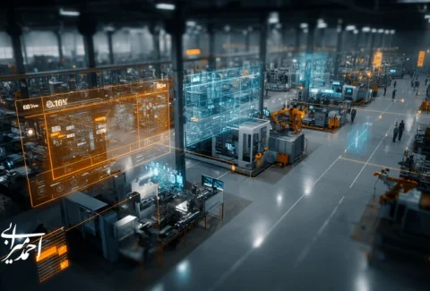 رهبری صنعتی در دوران دیجیتال؛ مدیر کارخانه در حال هدایت تیم روی خط تولید هوشمند با داشبوردهای داده‌محور و تمرکز برندمحور