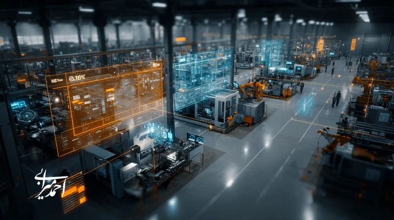 رهبری صنعتی در دوران دیجیتال؛ مدیر کارخانه در حال هدایت تیم روی خط تولید هوشمند با داشبوردهای داده‌محور و تمرکز برندمحور