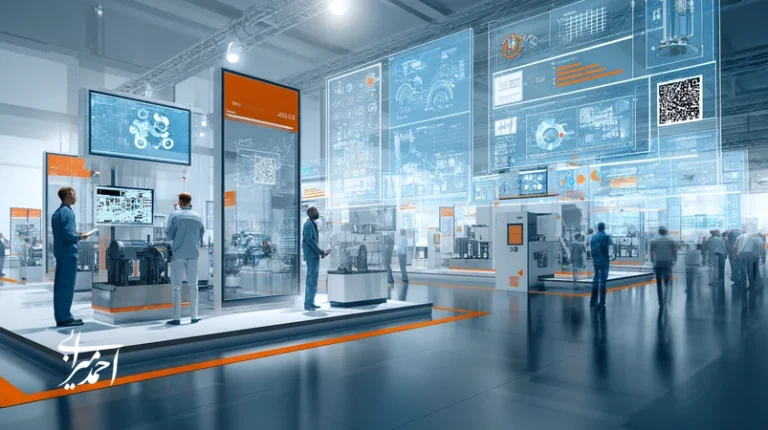 تصویر مفهومی بازاریابی صنعتی در عصر دیجیتال؛ هم‌راستاسازی غرفه نمایشگاهی با داشبورد تحلیل آنلاین، QR کد و محتوای فنی برای جذب لید باکیفیت