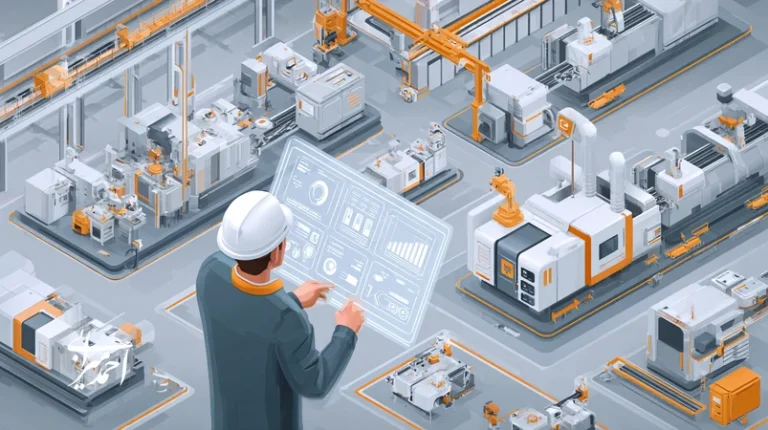 تصویر یک مهندس در کارخانهٔ مدرن در حال بررسی داشبورد KPI و برنامه ۹۰ روزه توسعه فردی؛ ارتباط مهارت فنی با ذهنیت برند در محیط‌های صنعتی