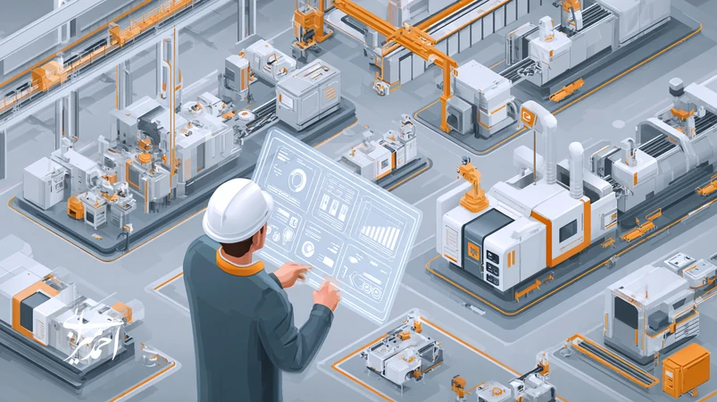 تصویر یک مهندس در کارخانهٔ مدرن در حال بررسی داشبورد KPI و برنامه ۹۰ روزه توسعه فردی؛ ارتباط مهارت فنی با ذهنیت برند در محیط‌های صنعتی