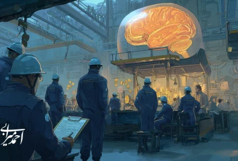 توسعه فردی در محیط‌های صنعتی و پرورش ذهنیت خلاق در میان مهندسان؛ نمایش مهندسان در کارخانه با نماد مغز خلاق و فضای تولید