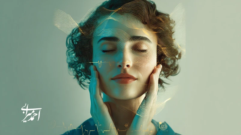 تصویر مفهومی از متخصص زیبایی ایرانی با ذهن آرام و تمرکز در محیط کلینیک؛ پیوند ذهنآگاهی با کیفیت خدمات و برند شخصی