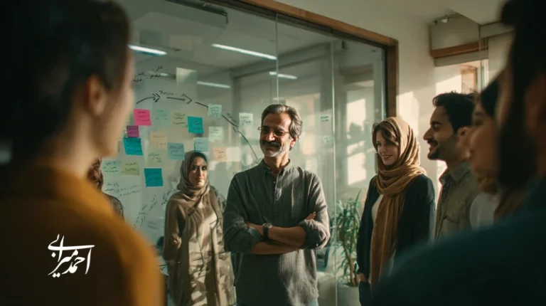 رهبر ایرانی در حال هدایت تیمی متنوع در سازمانی در حال تغییر با تمرکز بر رهبری الهام‌بخش، امنیت روانی و OKRهای روایی