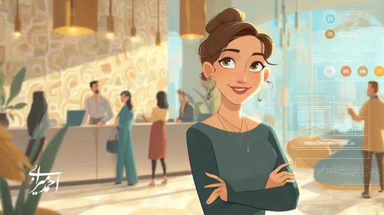 تصویر رهبری در گردشگری؛ مدیر هتل در حال هدایت تیم جلوی صحنه با تمرکز بر مدیریت تجربه مشتری، استانداردسازی خدمت و هم‌راستاسازی انسان، فرآیند و فناوری.