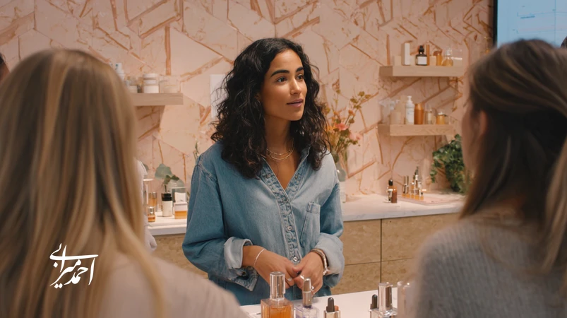 رهبر الهامبخش در صنعت زیبایی در کنار تیمی متنوع، برد OKR و نمونههای محصول؛ نماد اصالت در مدیریت و نوآوریِ نظمدار