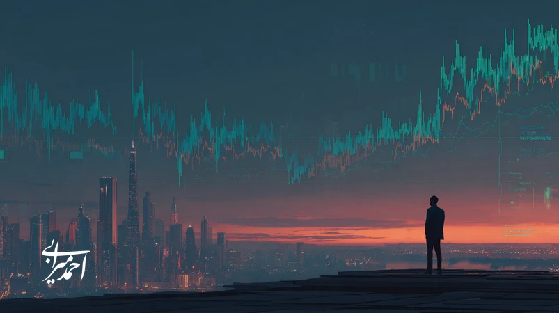 تصویر مفهومی سرمایه‌گذاری در دوران نوسان با نمودارهای پرنوسان، قطب‌نما و مدیر در حال تصمیم‌گیری؛ مدیریت ریسک و تحلیل فرصت سرمایه‌گذاری در ایران.