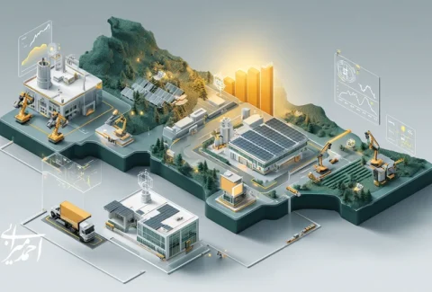 تصویر مفهومی از صنایع ایران در ۱۴۰۴ شامل کارخانه هوشمند، انرژی خورشیدی، لجستیک سرد، سلامت دیجیتال و نمودارهای رشد بازده سرمایه برای فرصت‌های سرمایه‌گذاری.