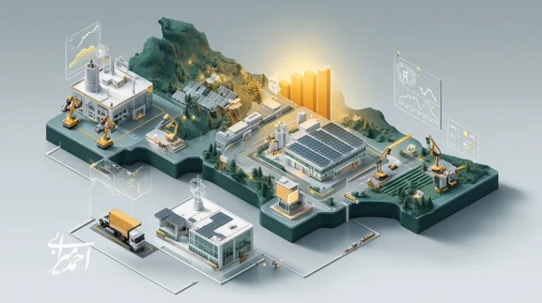 تصویر مفهومی از صنایع ایران در ۱۴۰۴ شامل کارخانه هوشمند، انرژی خورشیدی، لجستیک سرد، سلامت دیجیتال و نمودارهای رشد بازده سرمایه برای فرصت‌های سرمایه‌گذاری.