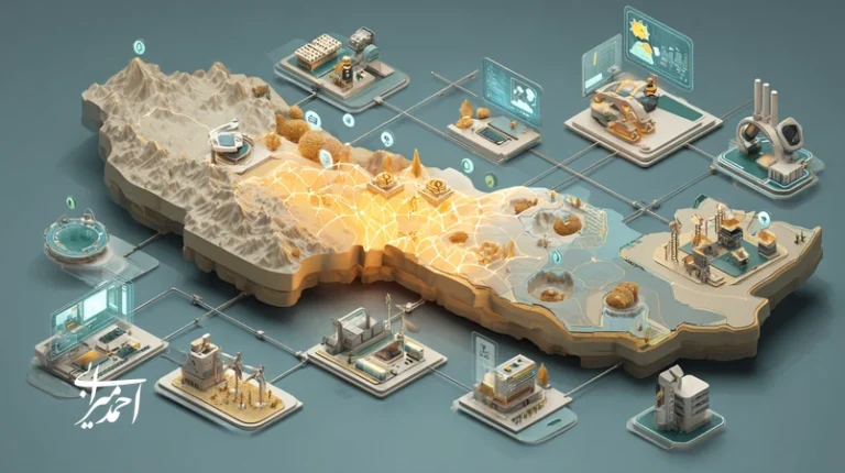 نقشه مفهومی آینده صنایع نو در ایران با نمادهای انرژی‌های نو، فین‌تک، سلامت دیجیتال و گردشگری هوشمند برای راهنمای سرمایه‌گذاری