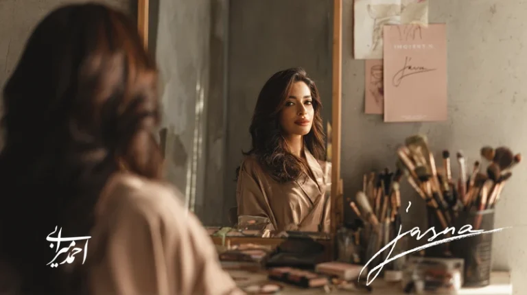 تصویر یک میکاپ‌آرتیست ایرانی مقابل آینه استودیو که گذار از خودآگاهی تا خلق امضای شخصی برند را با پالت رنگ رزگلد و مینیمال نشان می‌دهد