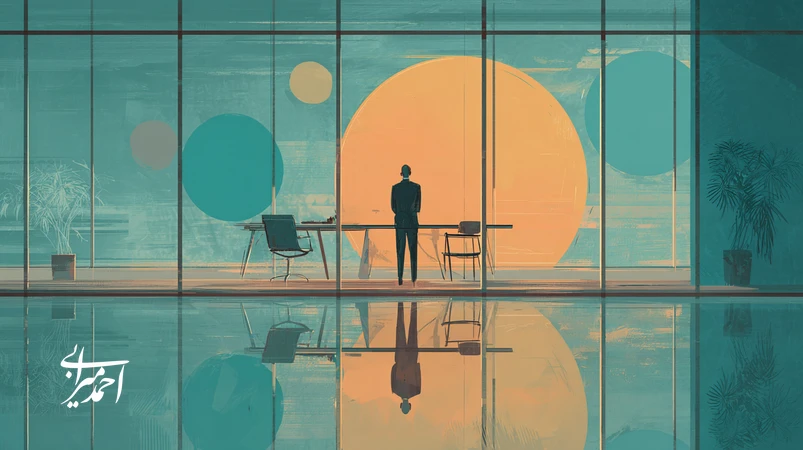 مدیر ایرانی در حال دروننگری مدیریتی برای رهبری برند با دفترچه تصمیم و اشاره به بازخورد 360 درجه؛ نمادی از خودآگاهی و تصمیمگیری آگاهانه.