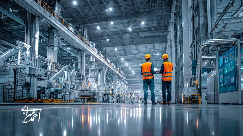 نمایی واقعی از کارخانهٔ هوشمند با داشبورد OEE و حسگرهای IIoT؛ تصویر مفهومی رشد مداوم برندهای تولیدی با داده و دیجیتال‌سازی