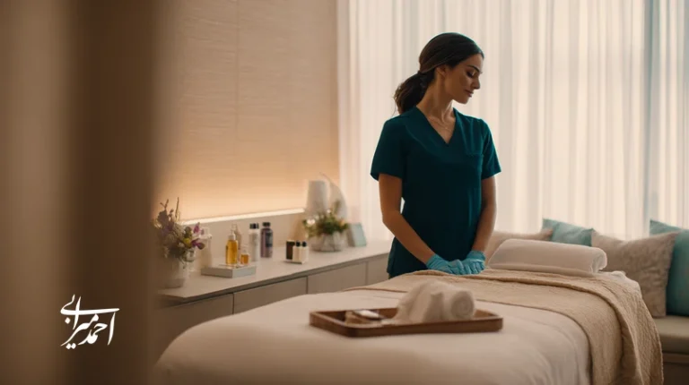 متخصص زیبایی در کلینیک ایرانی در حال مکث ذهن‌آگاهانه پیش از خدمت؛ تمرکز، کیفیت خدمات و تجربه مشتری در ذهن‌آگاهی کلینیک زیبایی