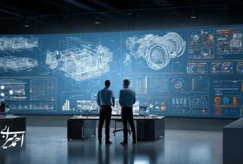 تصویر تبلیغات B2B مدرن با تلفیق نقشه فنی و جلسه مدیریتی برای روایت ارزش برند، نشان‌دهنده ROI و کاهش TCO در بازاریابی صنعتی