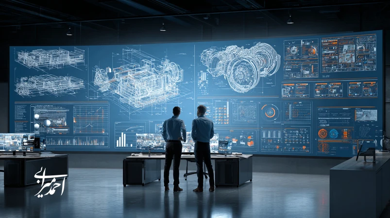 تصویر تبلیغات B2B مدرن با تلفیق نقشه فنی و جلسه مدیریتی برای روایت ارزش برند، نشان‌دهنده ROI و کاهش TCO در بازاریابی صنعتی