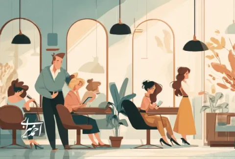 محیط پویا و شلوغ یک سالن زیبایی که در آن مشتریان و کارکنان در تعامل‌اند؛ نمونه‌ای از کسب‌وکارهای آرایشی که با تعریف ستاره شمالی فروش (NSP) می‌توانند تجربه مشتری و فروش را متحول کنند.